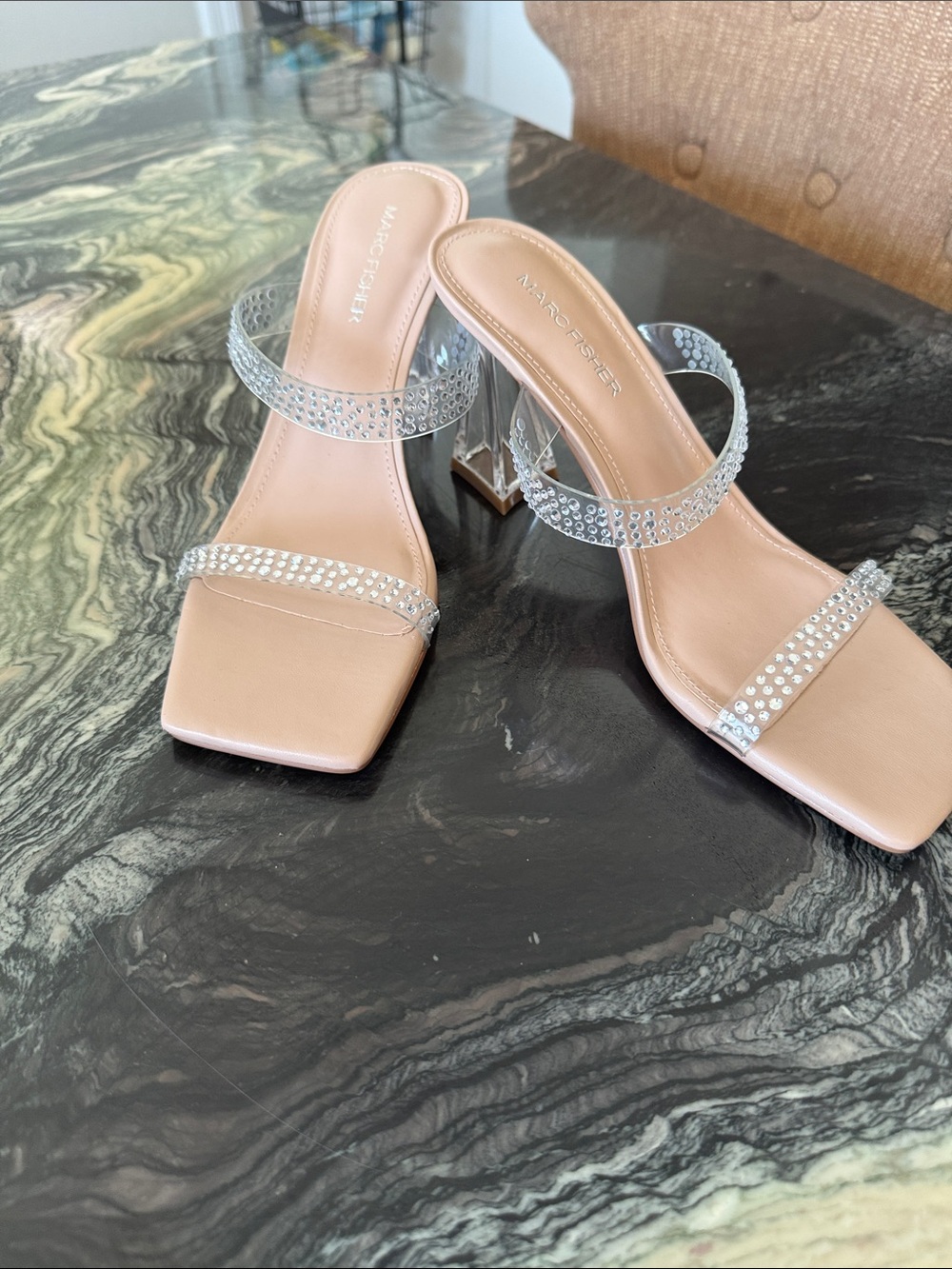 Marc Fisher Nude Crystal-Strap Block Heel Sandals